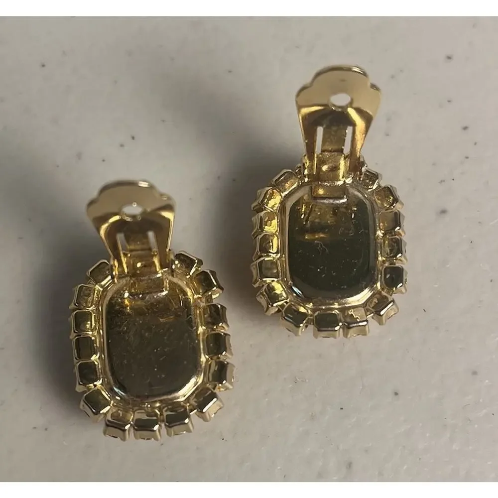 Pink Moonstone Art Glass Rhinestones Clip On Earrings 50s 60s MCM Mod Gold Tone